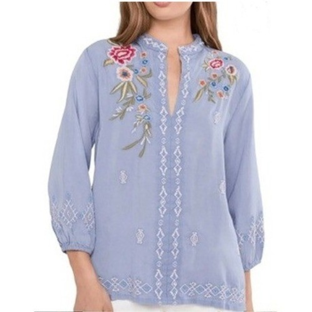 Kyla Seo NWT Womens Blouse M Blue Floral Embroidered Boho Peasant Top